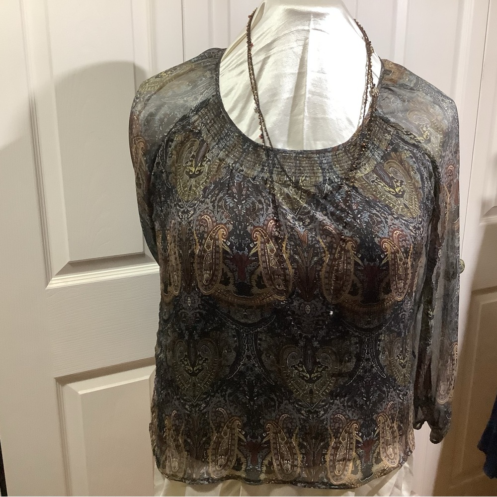 Size 20 Sheer Over Rayon Knit Blouse, Earth Tones, Smocked Front, Free Necklace